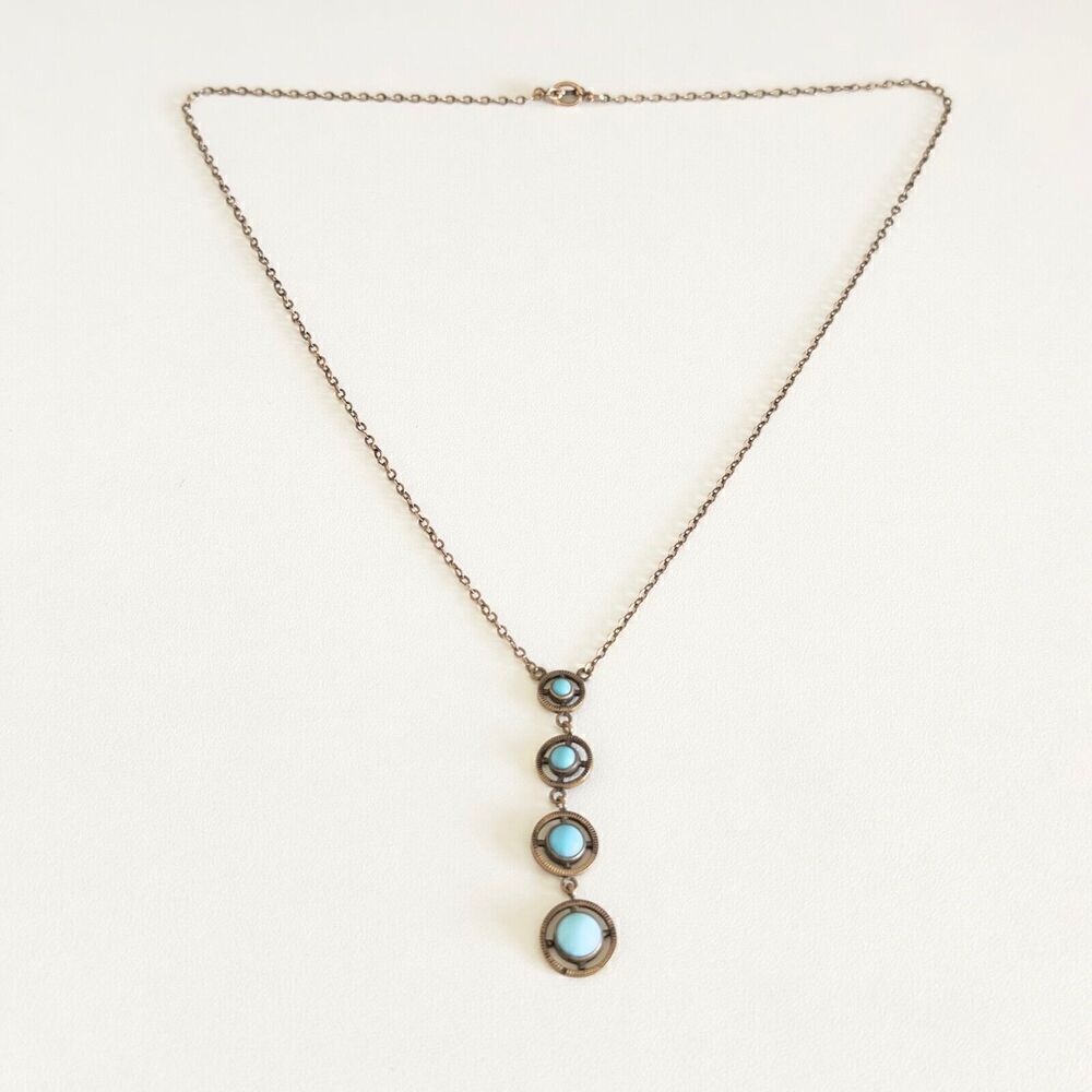 Antique Yellow Gold Filled Blue Robin's Egg Enamel Graduated Drop Necklace 17"